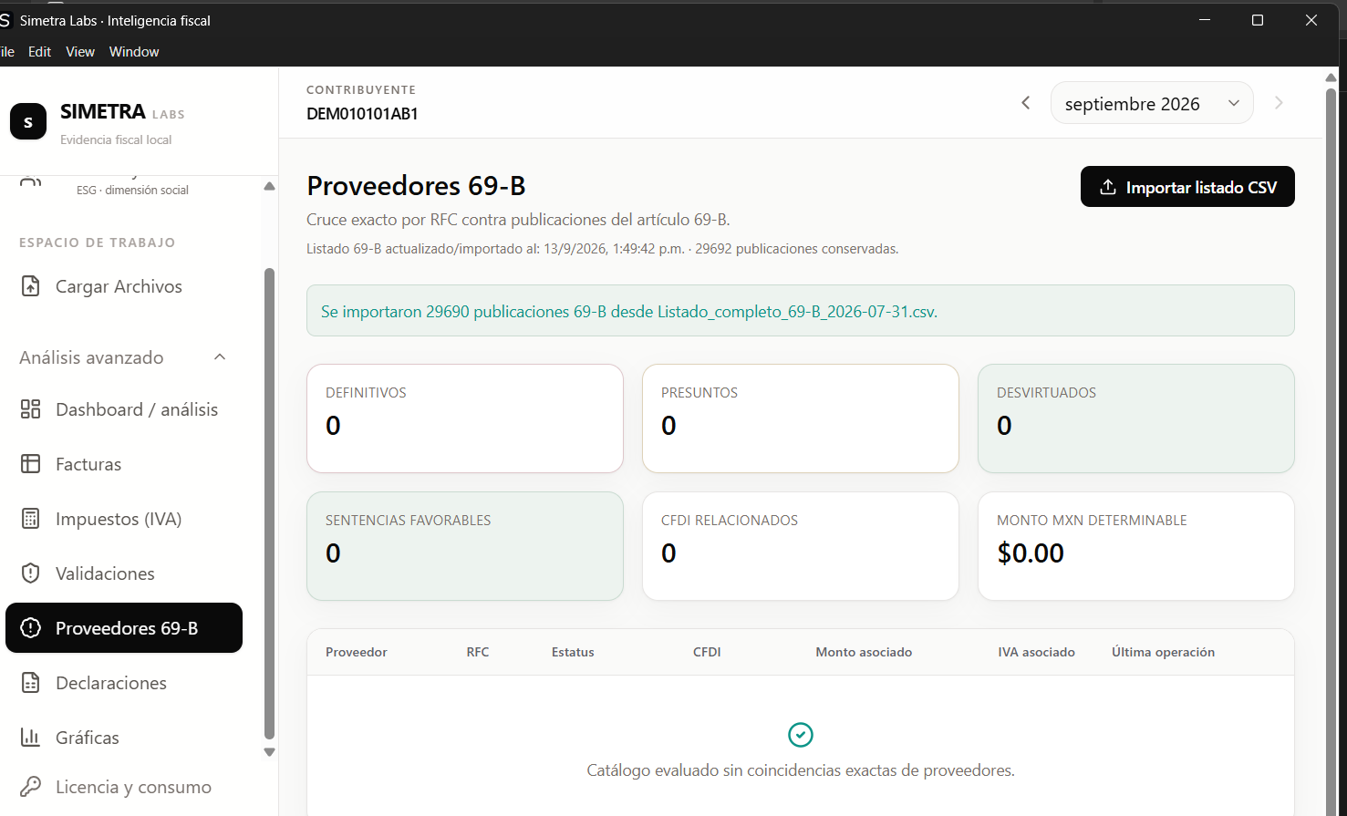 Dashboard real de Simetra Labs mostrando el análisis de proveedores publicados en el artículo 69-B